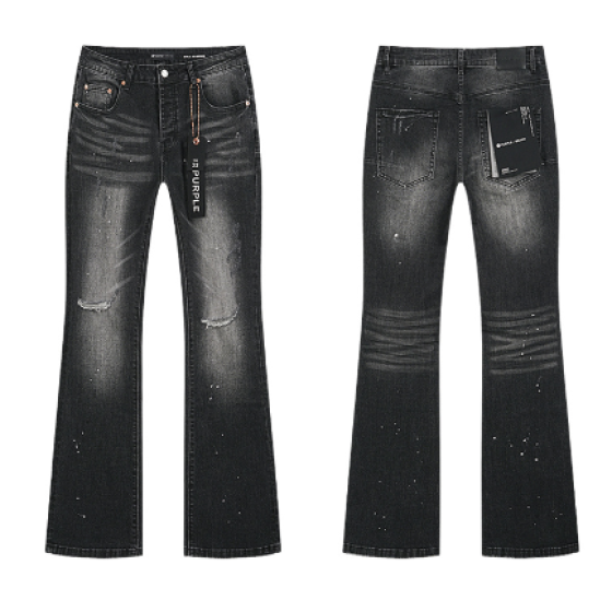 Black Washed Flared Denim Jeans with Knee Distressing and Paint Splatter